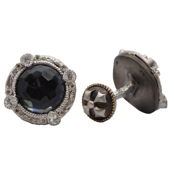 Sterling Silver Round Hematite and White Quartz Doublet Cufflinks with Pear Shaped White Sapphires and 0.10ct Round Champagne Diamonds.  Image 1