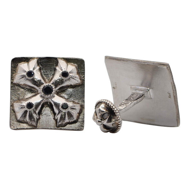 Sterling Silver and Blackened Sterling Silver Square Maltese Cross Cufflinks with Peacock Tourmaline and White Sapphires.   (0.34 TCW) Image 1