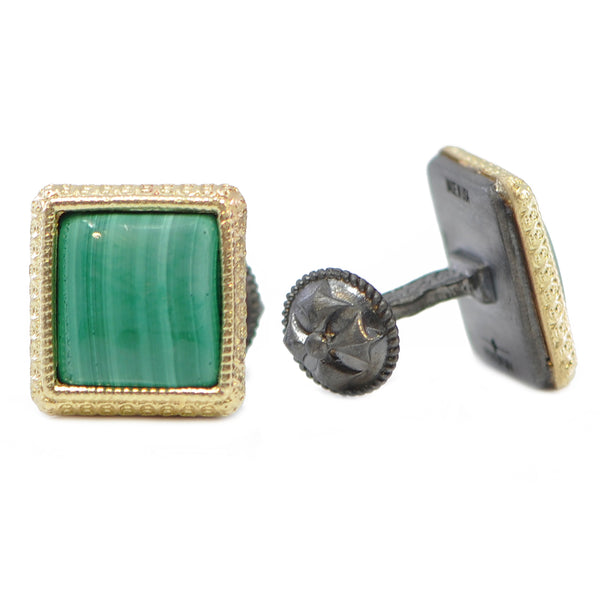 18k Yellow and Grey Sterling Silver Cufflinks with 13x12 Malachite Stone. Image 1