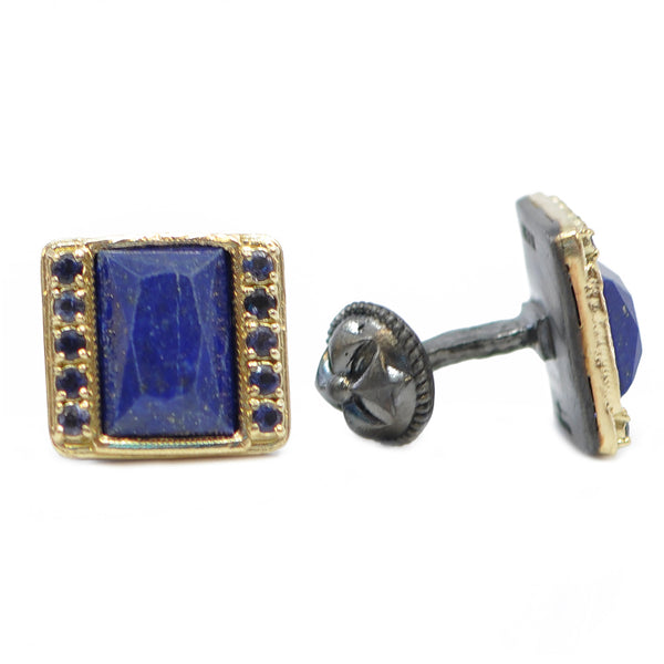 18k yellow gold and sterling silver cufflinks with Iolite surround and 13x9 Lapis Lazuli stones Image 1