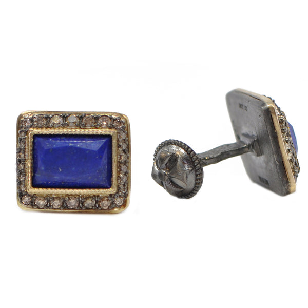18k yellow gold and sterling silver cufflinks with 0.894CT champagne diamond surround and 13x9 Lapis Lazuli stones Image 1