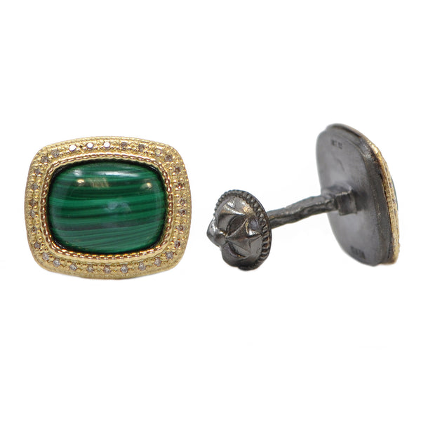 18k yellow gold and sterling silver cufflinks with 0.317CT champagne diamond surround and 14x11 green malachite stones Image 1