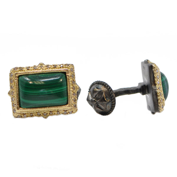 18k yellow gold and sterling silver with 0.336CT champagne diamond surround and 13x9 green Malachite stones Image 1