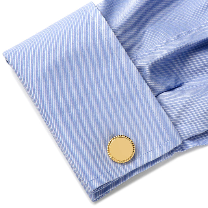 14K Gold Plated Rope Border Round Engravable Cufflinks Image 2