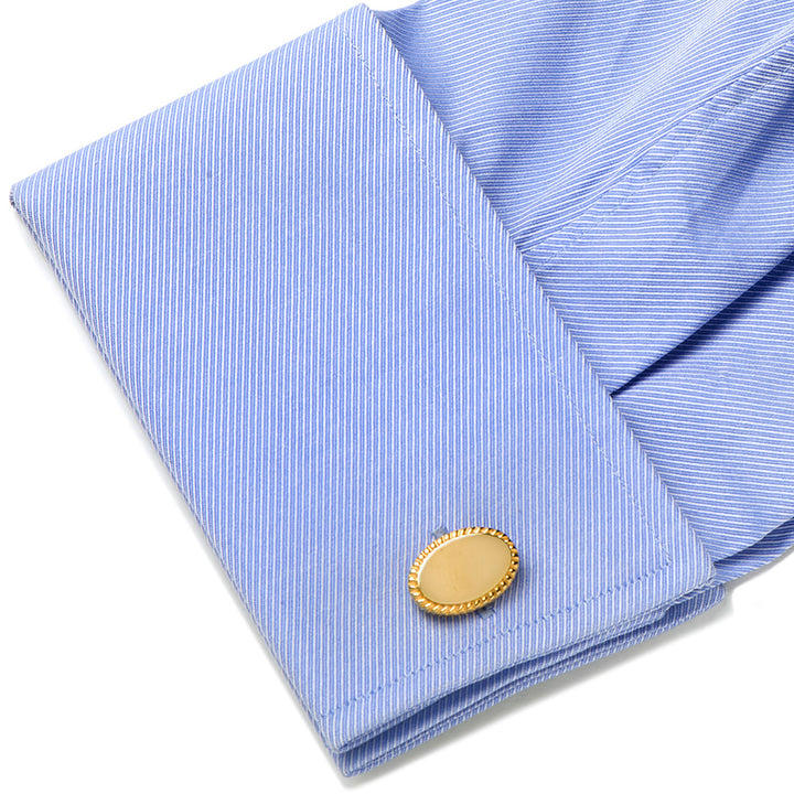 14K Gold Plated Rope Border Oval Engravable Cufflinks Image 2
