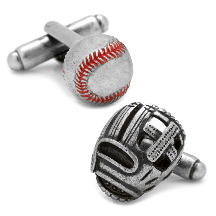 3D Baseball and Glove Antique Silver Cufflinks Image 1
