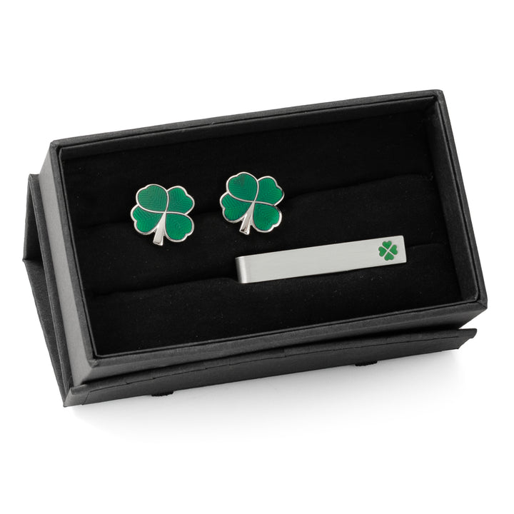 Green Clover Cufflinks and Tie Bar Gift Set Image 2