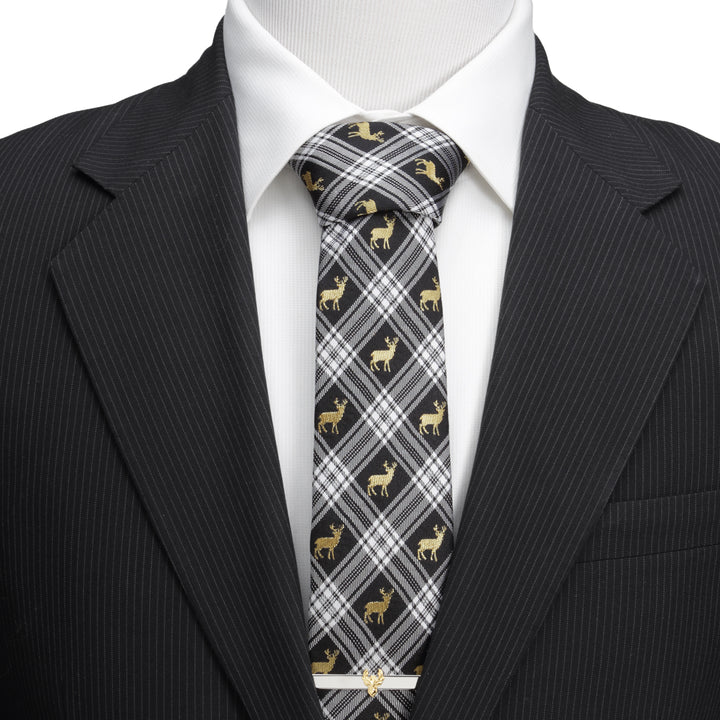 Black Plaid Stag Men's Tie Image 2
