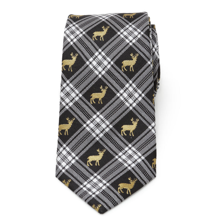 Black Plaid Stag Men's Tie Image 3