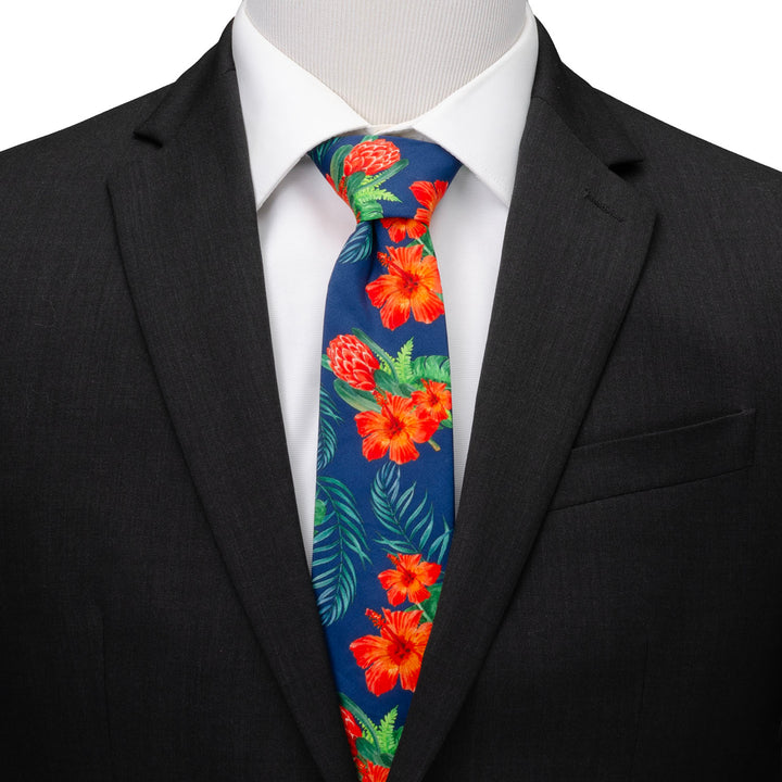 Tropical Hibiscus Men's Navy Tie Image 2