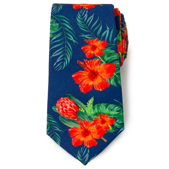 Tropical Hibiscus Men's Navy Tie Image 3