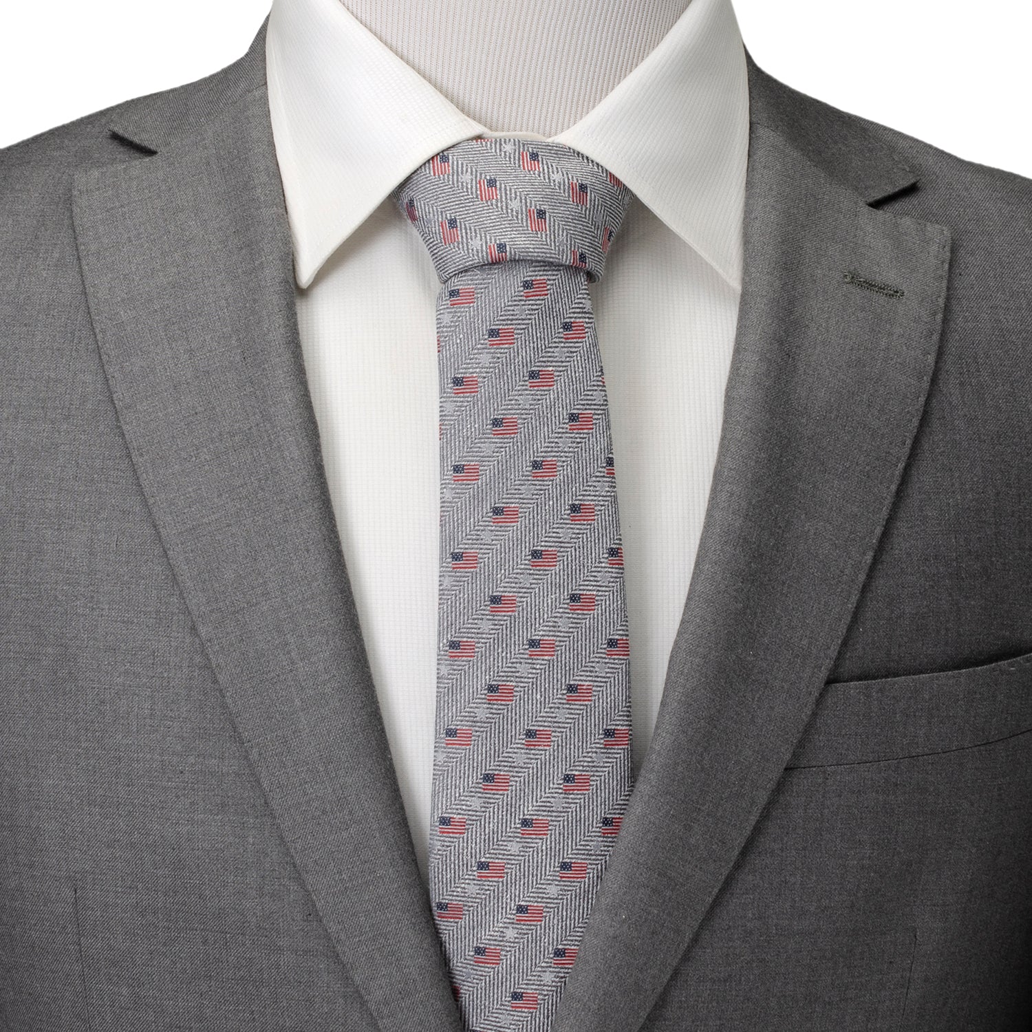 Light Gray Herringbone American Flag Men's Tie Image 2