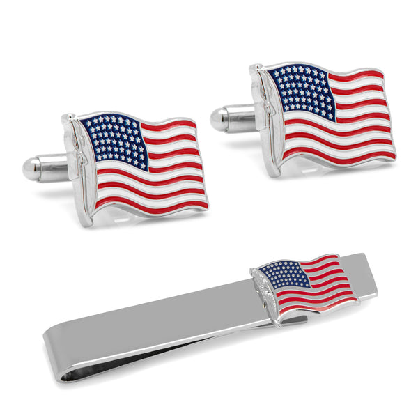 American Waving Flag Cufflinks and Tie Bar Gift Set Image 1