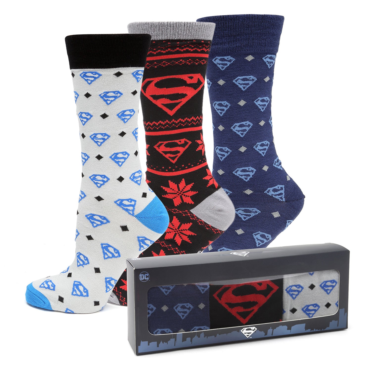 Elevate your sock game to the next level with this Superman sock gift set. Our cushiony-soft Superman socks for men feature the iconic Man of Steel logo in three distinct patterns, including navy blue, black & red, and diamond gray. You'll be the snazziest superhero fan in town. Officially licensed by DC Comics. Image 2