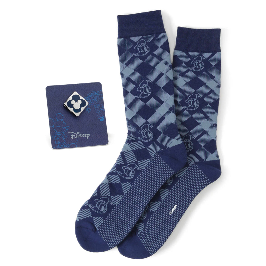 Disney Donald Duck Plaid Socks and Mickey Mouse Blue Lapel Pin Gift Set Image 1