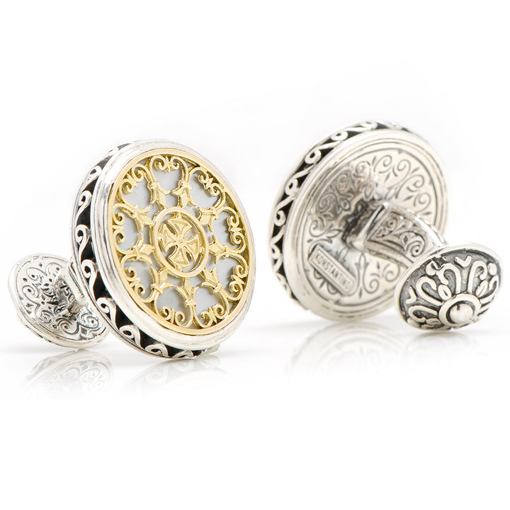Konstantino Round Scroll & Mother of Pearl Stone Cufflinks Image 2