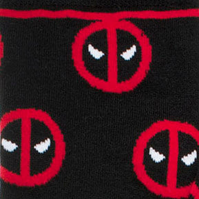 Regenerate yourself with this pair of Deadpool-themed socks. A series of Deadpool mask emblems is scattered above a panel of crimson and black stripes, and a Marvel Comics logo is picked out on the sole in bright white. Officially licensed by Marvel. Image 3