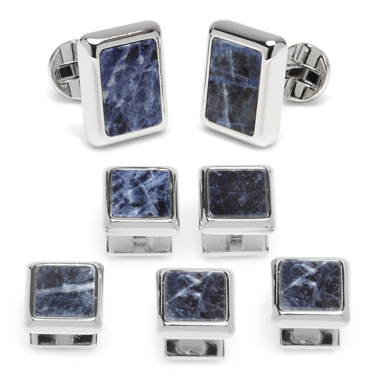 Our silver plated and sodalite JFK Presidential cufflinks and stud set is a solid staple for every cufflink collection. Inspired by the 35th President of the United States, silver and sodalite command a strikingly sleek and stylish design. Featuring semi-precious stones, no two pairs are exactly alike, which leaves you to ask not what your cufflinks can do for you, but what you can do for your cufflinks. Includes individual gift box. Image 1