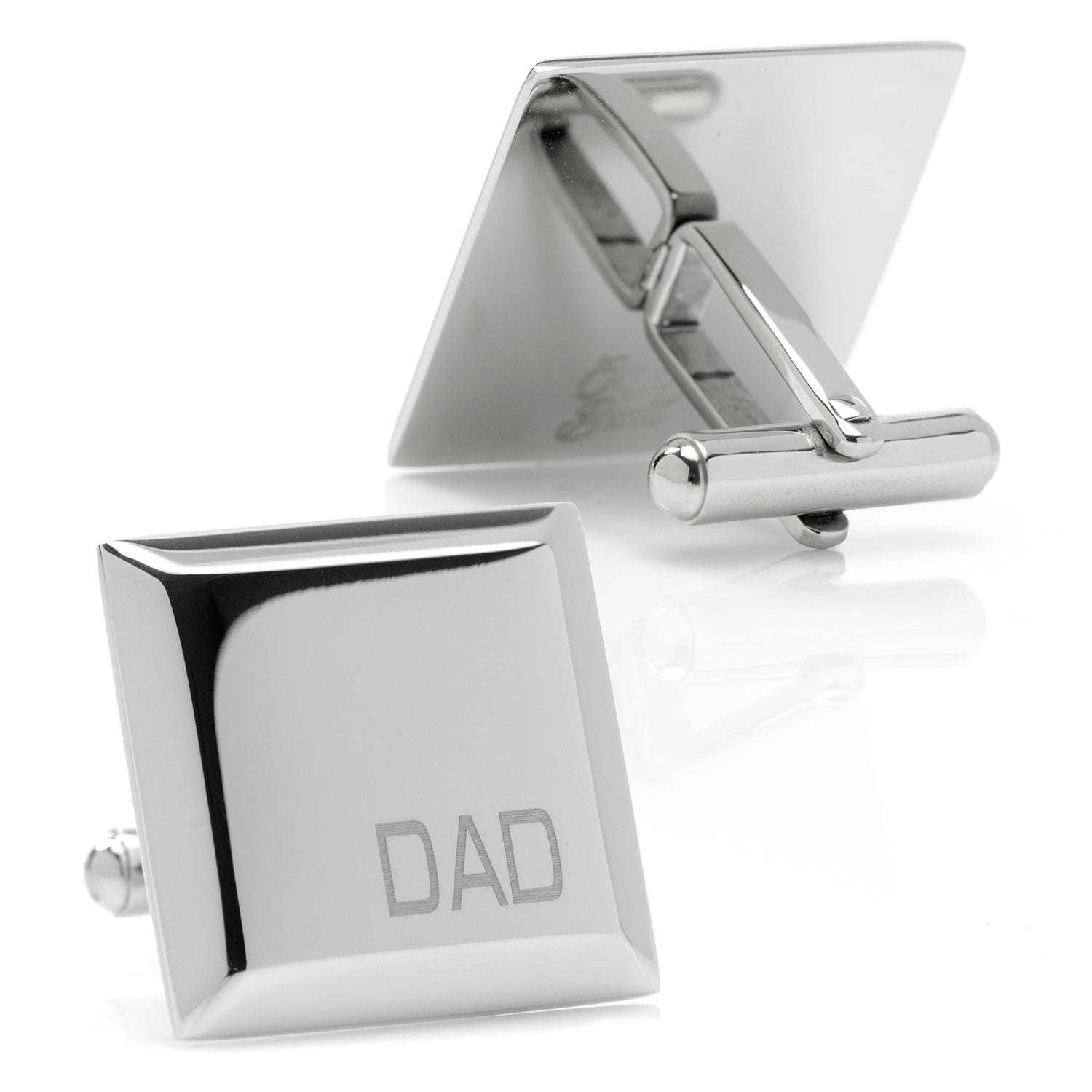 Is your Dad rad? Remind him of how much you love him, with this set of beveled-edge stainless steel cufflinks, featuring a simple DAD engraving in one corner. Timeless and classic: just like him. Includes individual gift box. Image 2