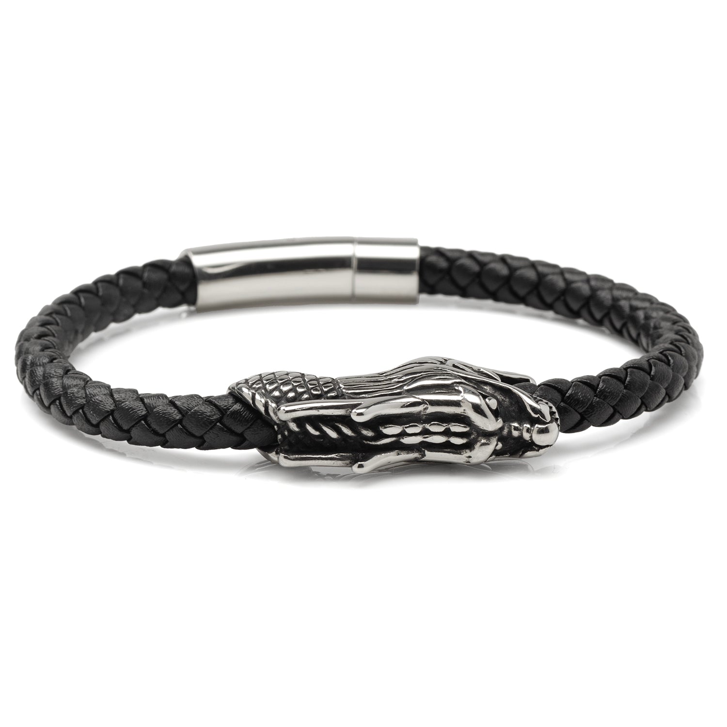 Dragon Head Braided Black Leather Bracelet with Magnetic Closure Image 4
