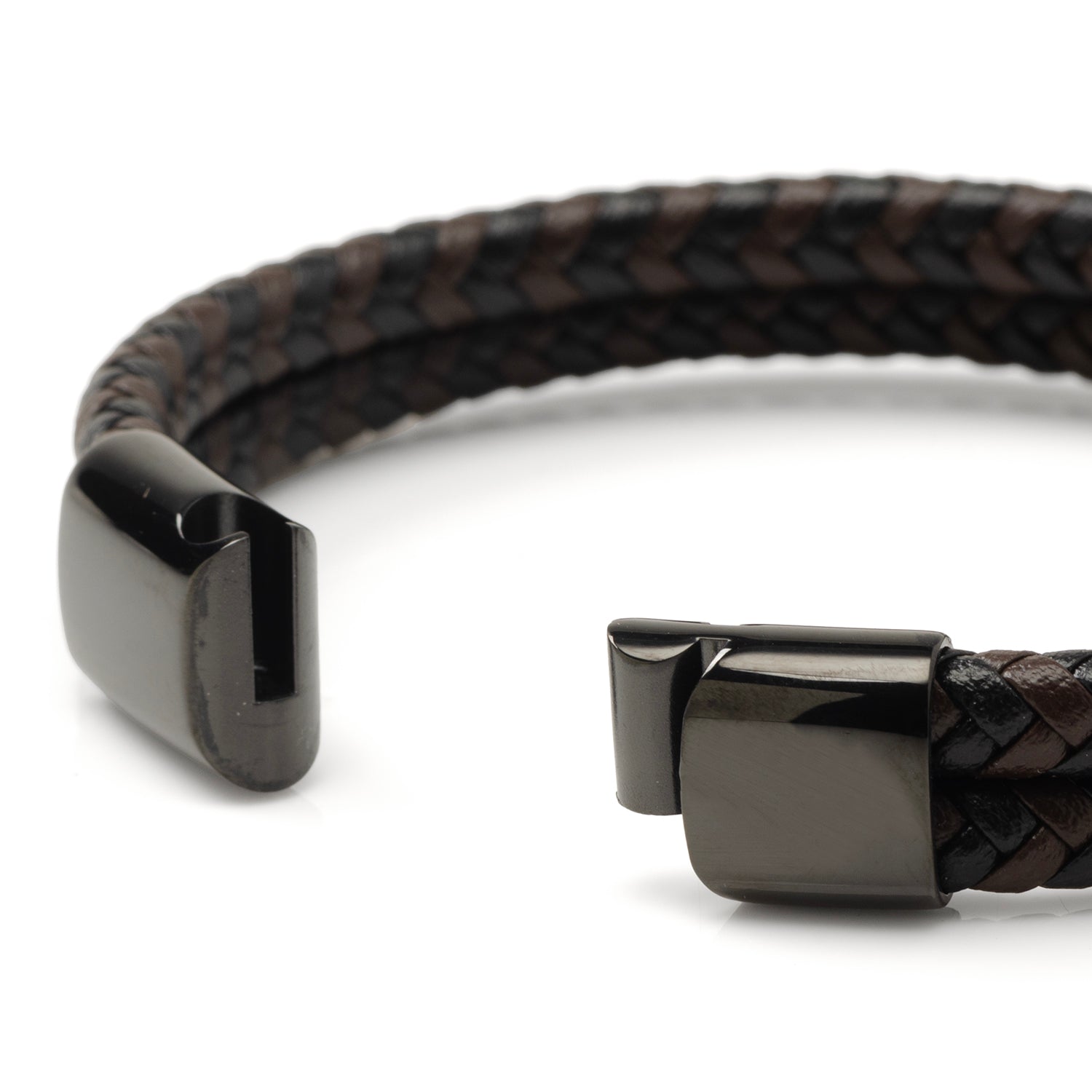 Black and Brown Braided Leather Bracelet with Gunmetal Stainless Steel Magnetic Clasp Image 3