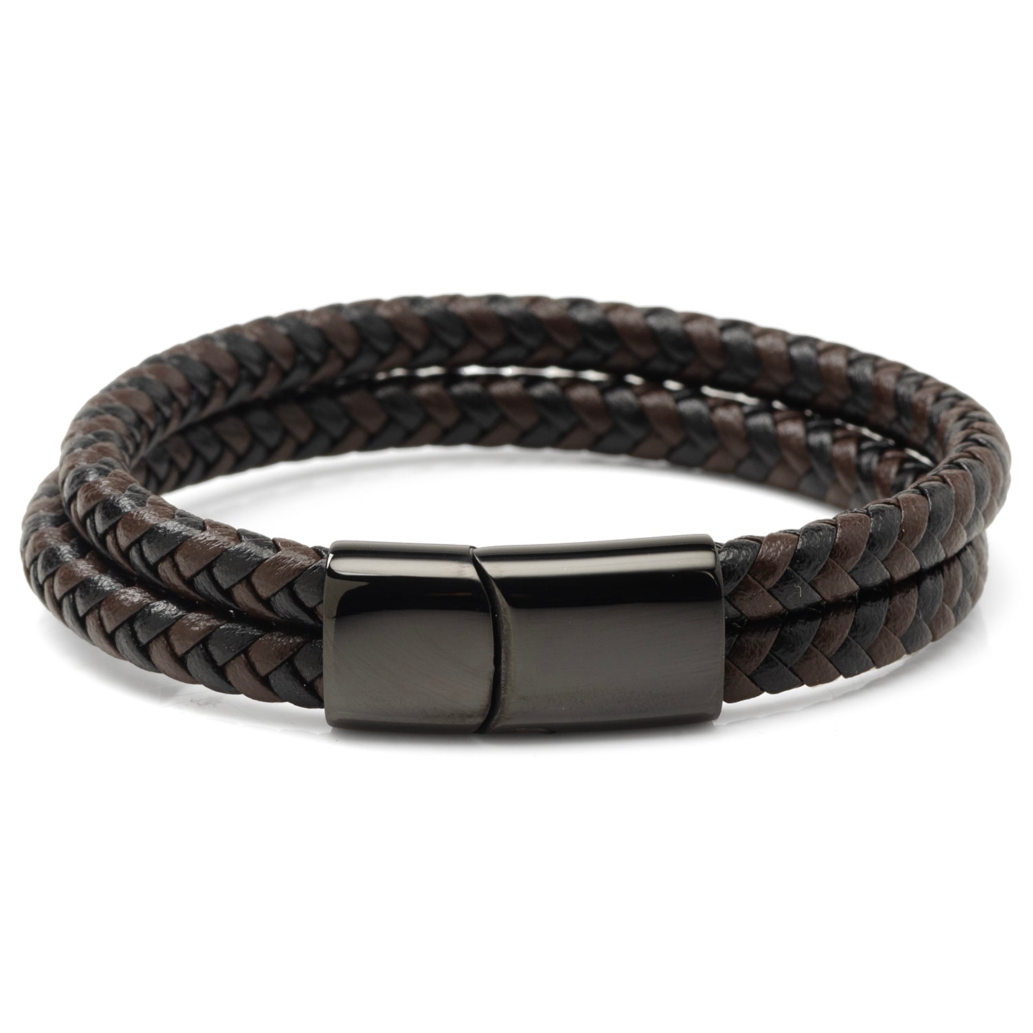 Black and Brown Braided Leather Bracelet with Gunmetal Stainless Steel Magnetic Clasp Image 1