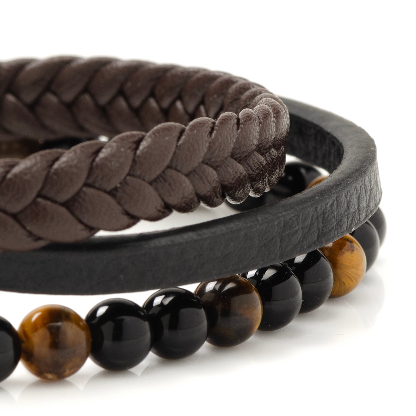 Stainless Steel Stacked Brown Leather Bracelet with Tigers Eye Image 4