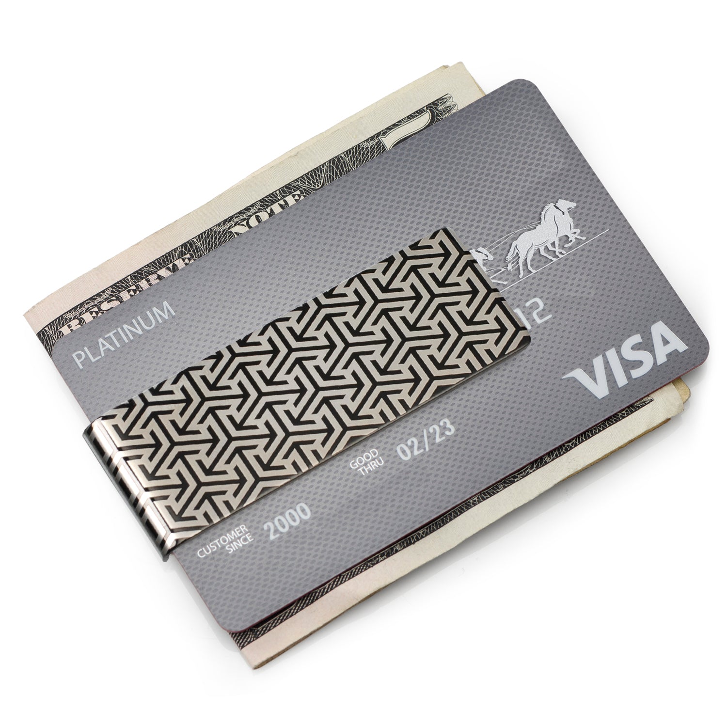 Simple elegance with a timeless style, our Geometric Stainless Steel Gunmetal Engravable Money Clip is perfect for the Fashion-Forward man. The geometric patterns add a touch of sophisticated fun and dimension. Our money clip will stand up to wear and maintain its sleek, shiny look thanks to being crafted from durable gunmetal-plated stainless steel. Image 2