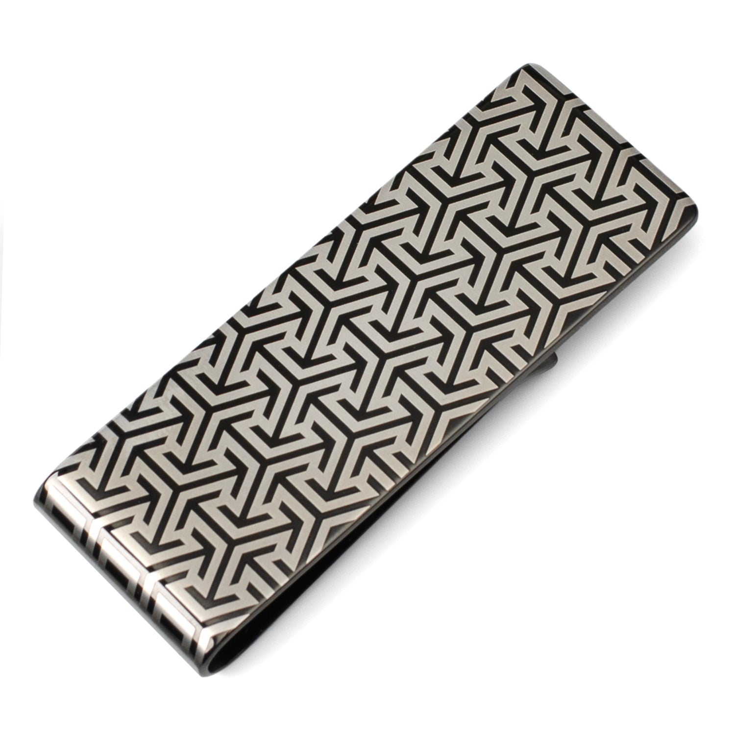 Simple elegance with a timeless style, our Geometric Stainless Steel Gunmetal Engravable Money Clip is perfect for the Fashion-Forward man. The geometric patterns add a touch of sophisticated fun and dimension. Our money clip will stand up to wear and maintain its sleek, shiny look thanks to being crafted from durable gunmetal-plated stainless steel. Image 1