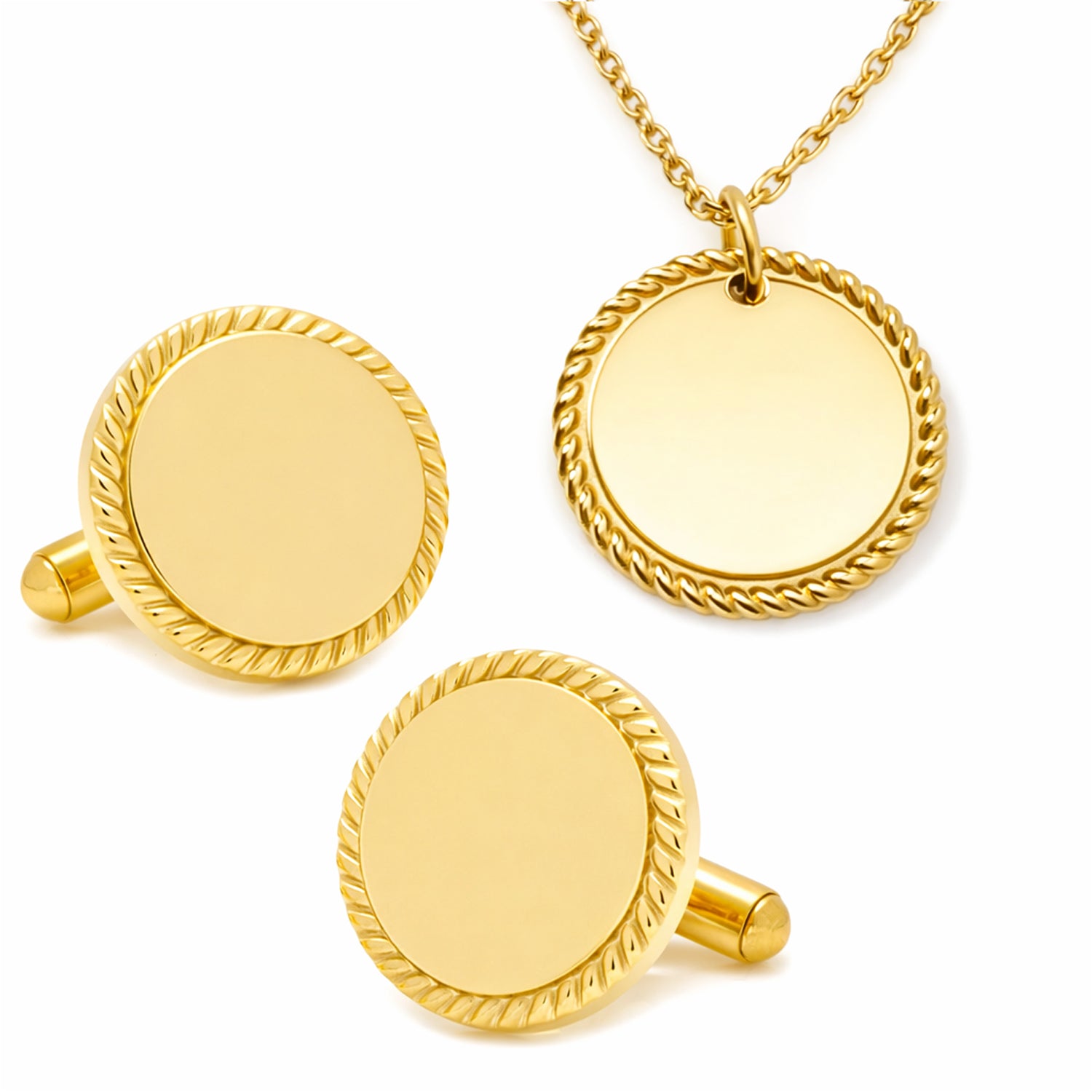 Stainless Steel Gold Engravable Rope Border Edge Necklace and Cufflinks Gift Set Image 1