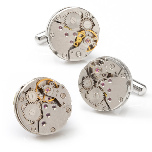 Open Edge Skeleton Watch Movement Cufflinks and Lapel Pin Gift Set Image 1