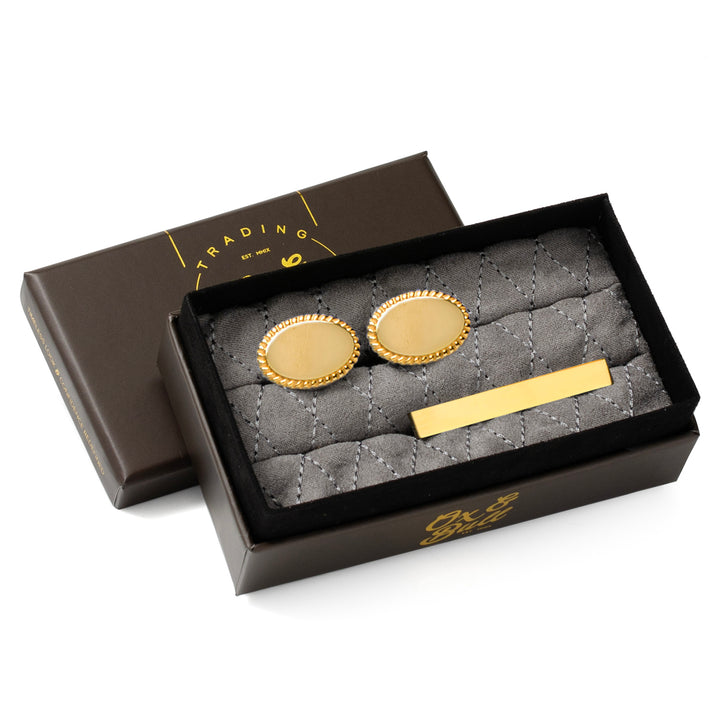14K Gold Plated Rope Border Oval Cufflinks and Tie Bar Gift Set Image 2