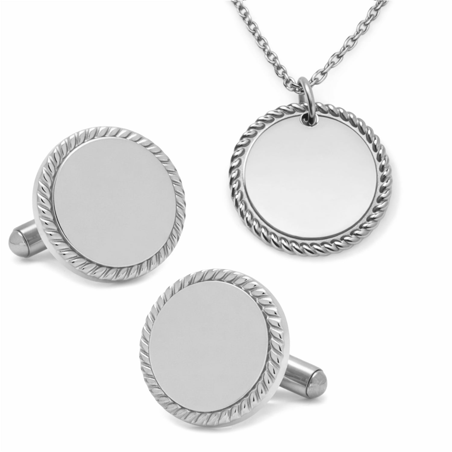 Stainless Steel Engravable Rope Border Edge Necklace and Cufflinks Gift Set Image 1