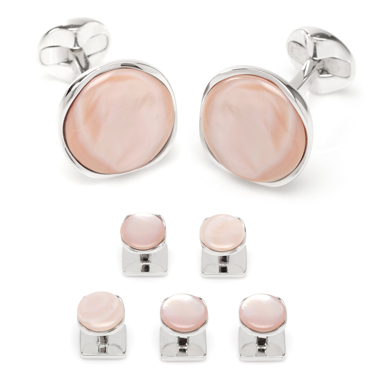 Beautiful creamy pink mother of pearl has been cut into a cushioned disc and surrounded in shiny sterling silver, to create this elegant set of cufflinks and tuxedo studs. Cufflinks feature round logo swivel closures for ease of dressing, and the studs have soft-edged fixed backings to keep them in place all night long. Perfect for any spring or summer formal occasions. Includes gift box. Image 1