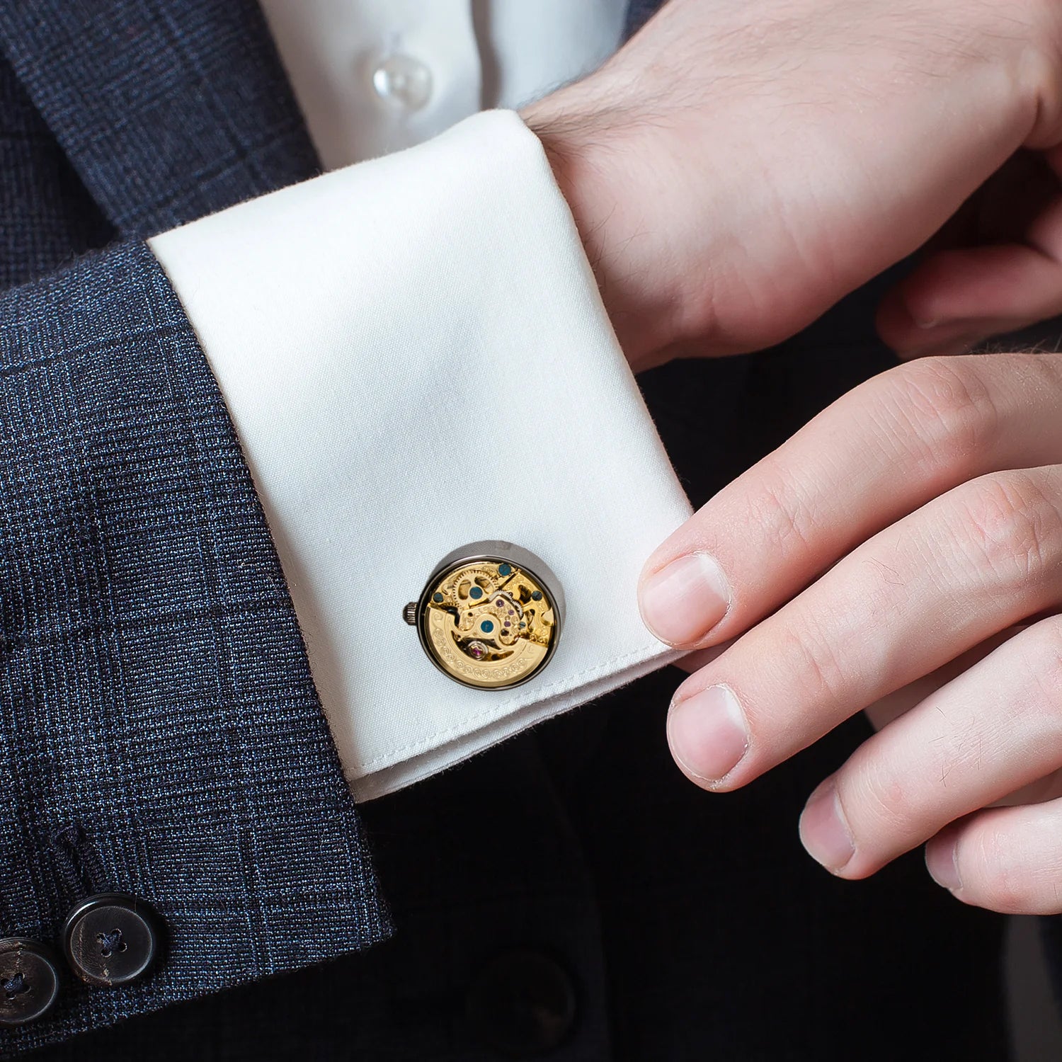 Gunmetal and Gold Kinetic Watch Movement Cufflinks Image 2