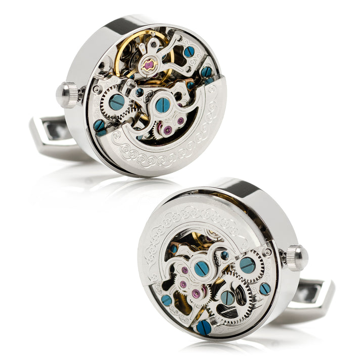 Stainless Steel Silver Kinetic Watch Movement Cufflinks Image 2