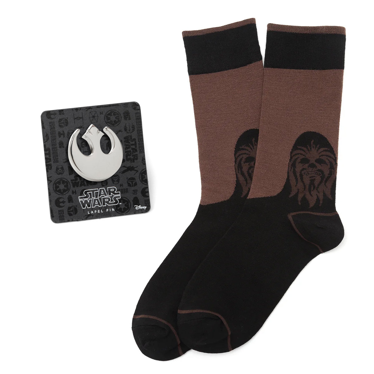 Star Wars Chewbacca Brown and Black Dress Socks and Rebel Alliance Starbird Crest Lapel Pin Gift Set Image 1
