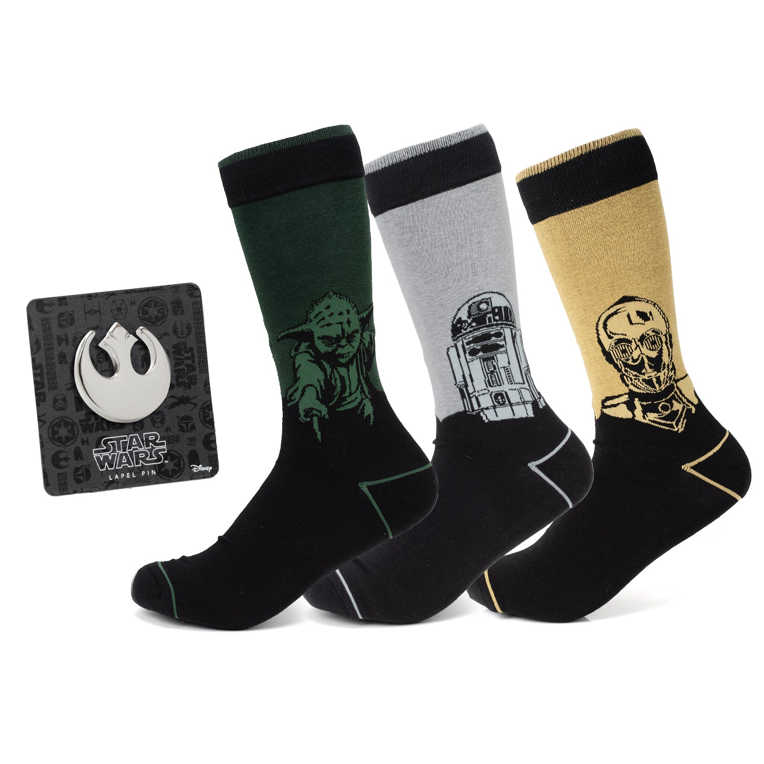 Star Wars Yoda, R2-D2, and C-3PO Dress Socks 3-Pack with Rebel Crest Lapel Pin Gift Set Image 1