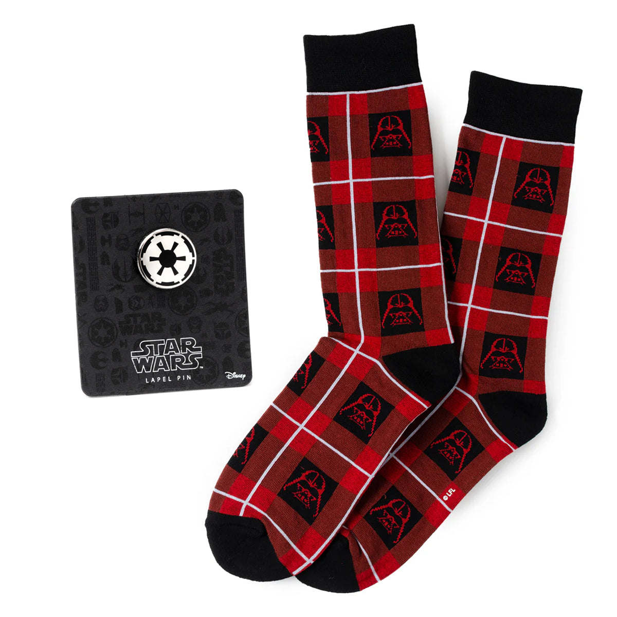 Star Wars Darth Vader Black and Red Plaid Dress Socks and Imperial Crest Lapel Pin Gift Set Image 1