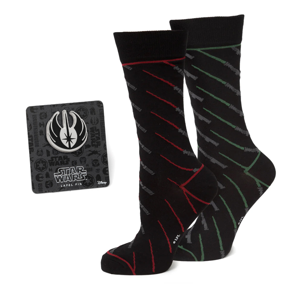 Star Wars Green and Red Lightsaber Pattern Black Dress Socks with Jedi Crest Lapel Pin Gift Set Image 1