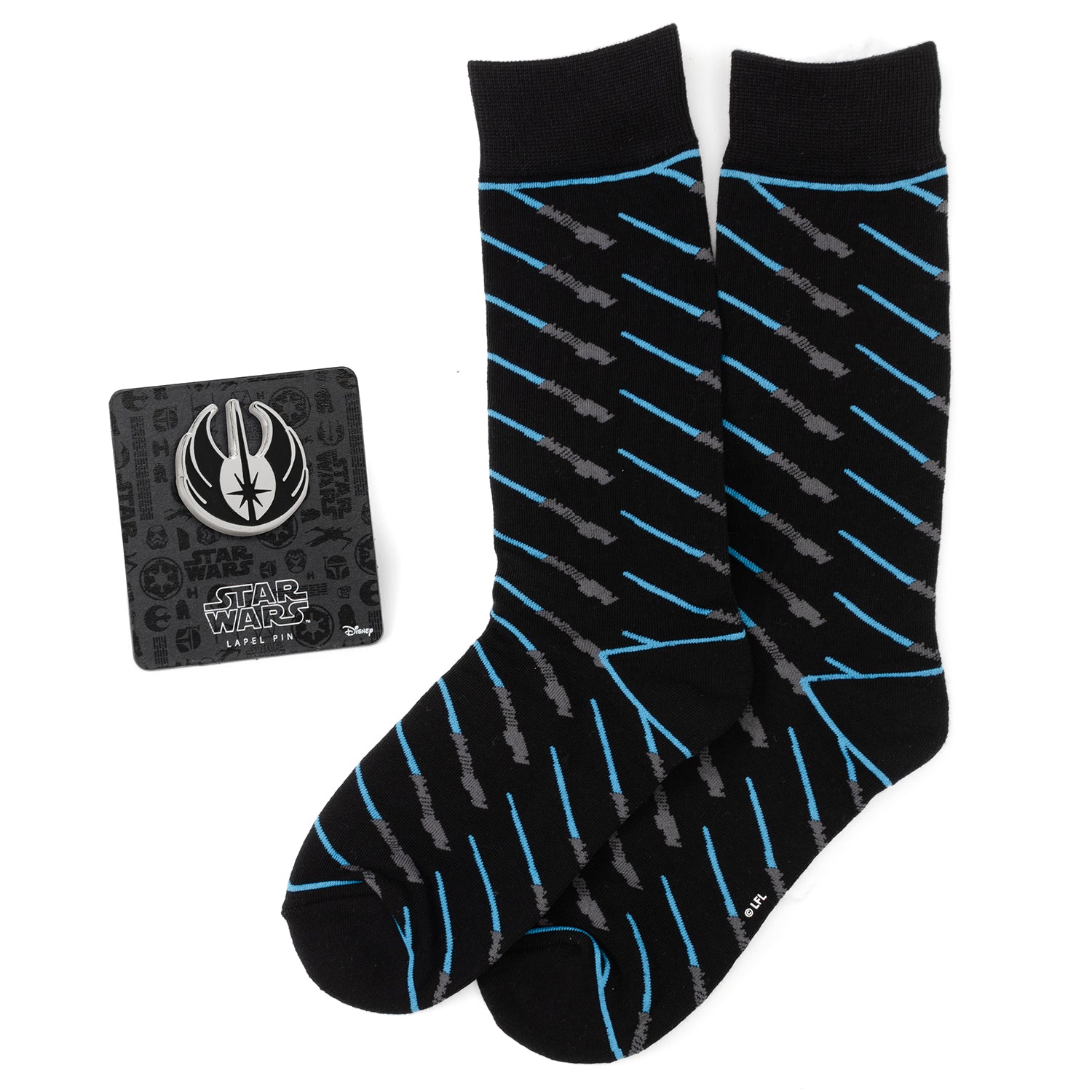 Star Wars Obi-Wan Kenobi Blue Lightsaber Pattern Black Dress Socks with Jedi Crest Lapel Pin Gift Set Image 1