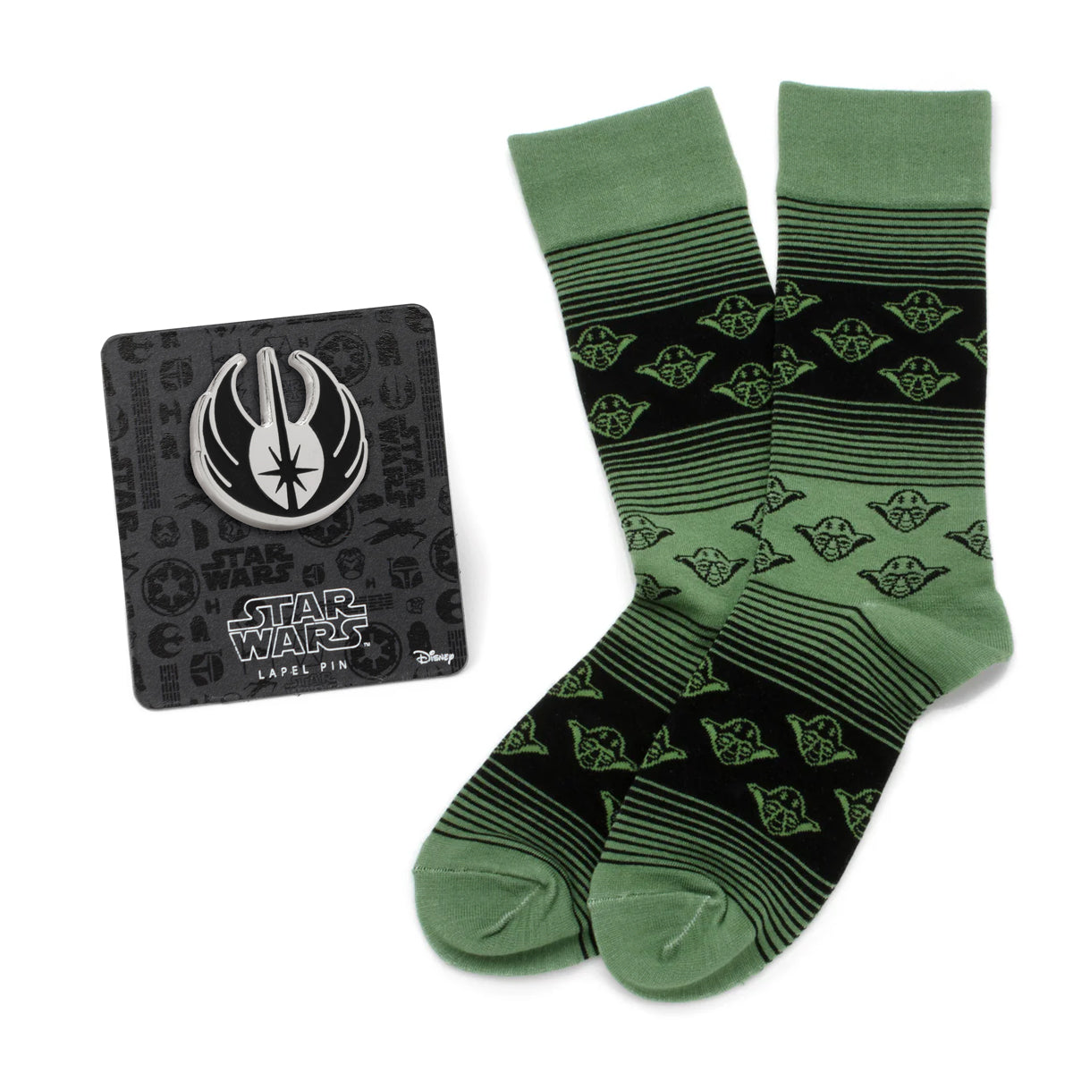 Star Wars Yoda Green and Black Ombre Pattern Dress Socks with Jedi Crest Lapel Pin Image 1