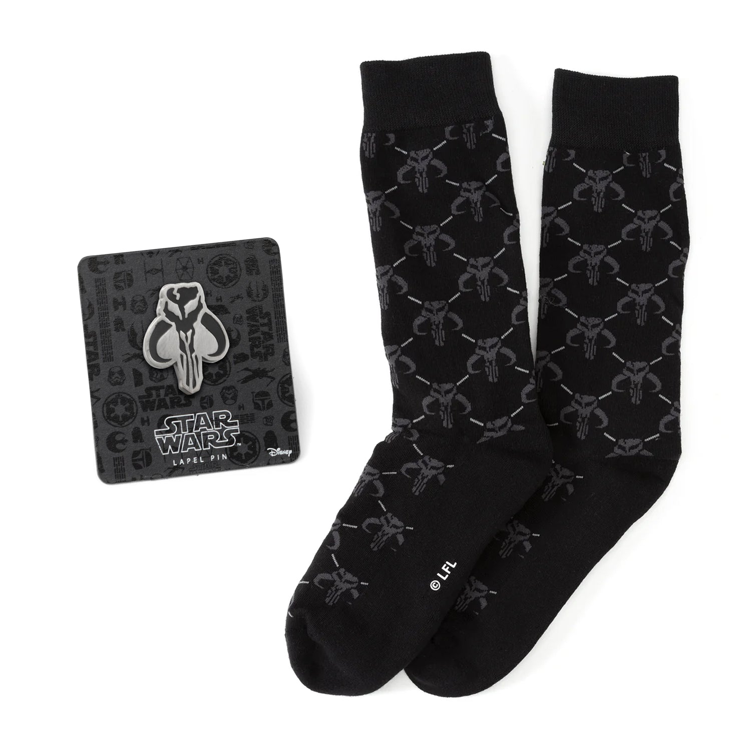 Star Wars Mandalorian Charcoal Gray Dress Socks and Mythosaur Lapel Pin Gift Set Image 1