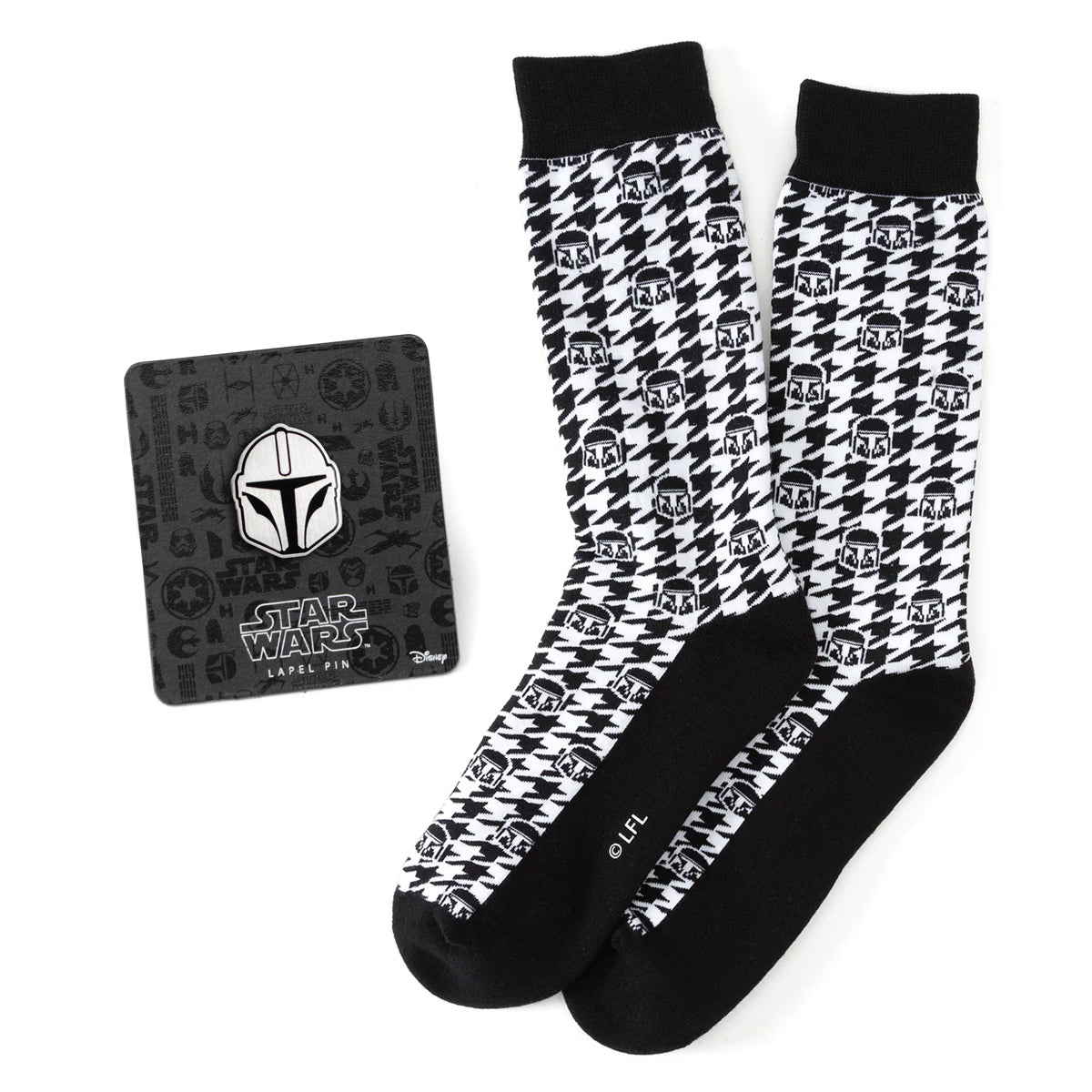 Star Wars Mandalorian Houndstooth Black and White Dress Socks and Lapel Pin Gift Set Image 1