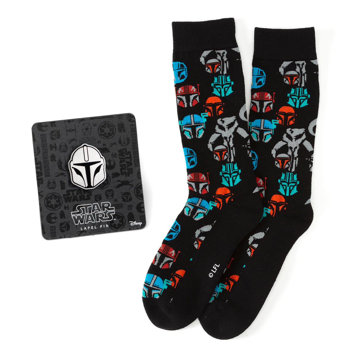 Star Wars Mandalorian and Mythosaur Multicolored Navy Dress Socks and Lapel Pin Gift Set Image 1