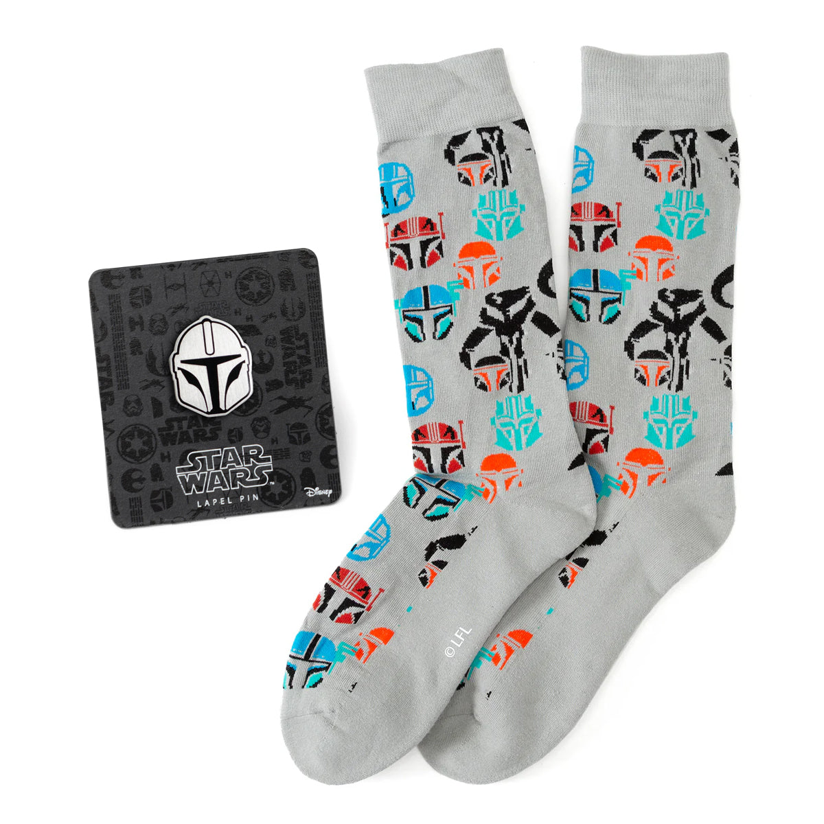 Star Wars Mandalorian and Mythosaur Multicolored Gray Dress Socks and Lapel Pin Gift Set Image 1