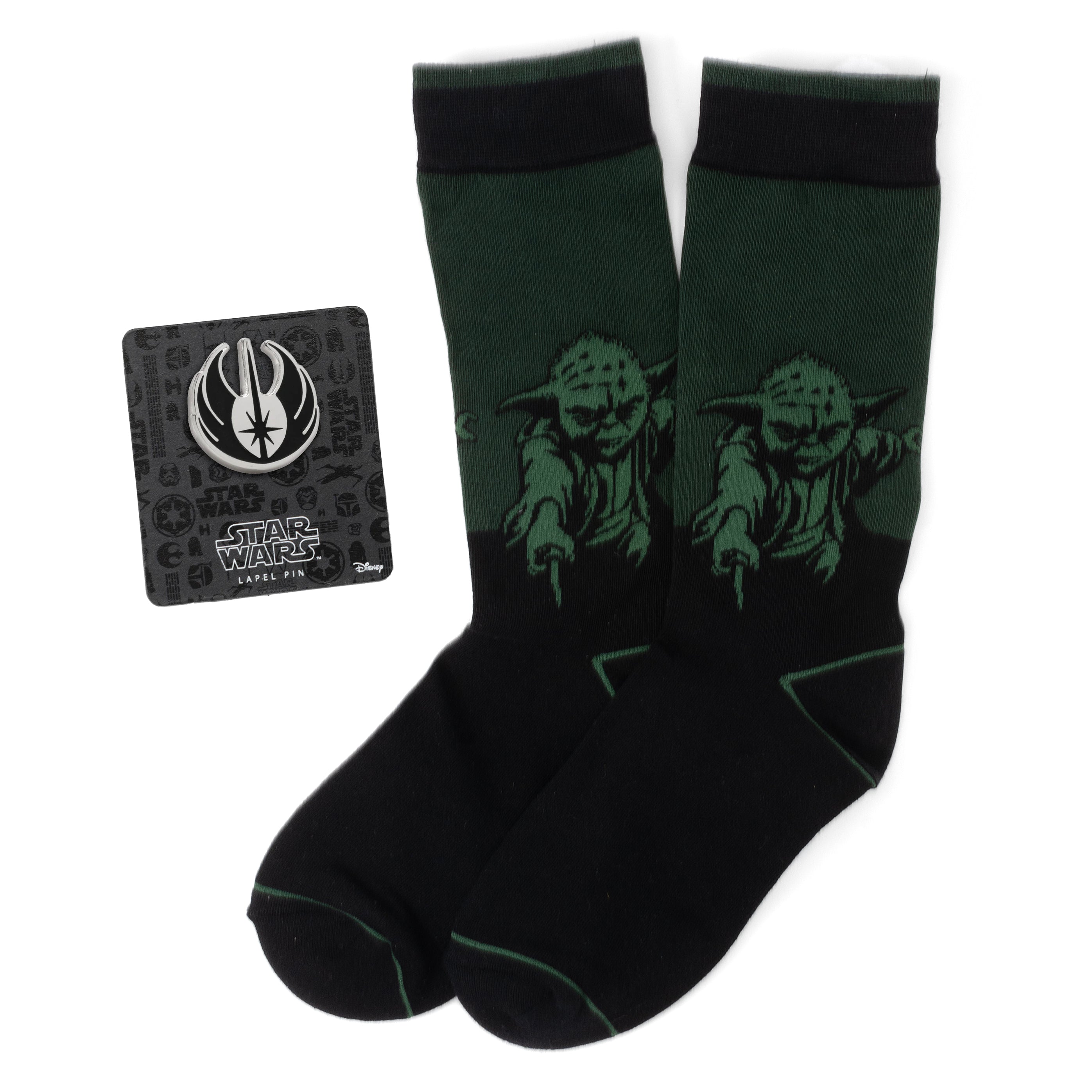 Star Wars Yoda Green Dress Socks and Jedi Order Crest Lapel Pin Gift Set Image 1
