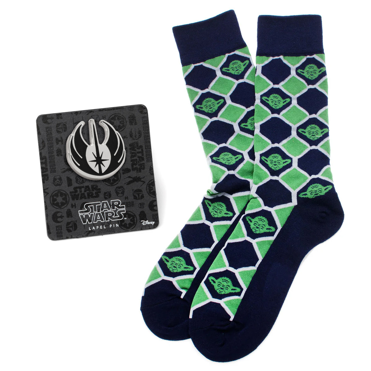 Star Wars Yoda Green and Navy Checkered Dress Socks and Jedi Crest Lapel Pin Gift Set Image 1