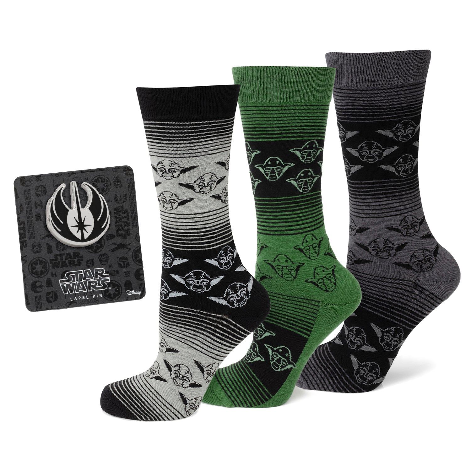 Star Wars Yoda Green, Gray, and Black Ombre Dress Socks and Jedi Crest Lapel Pin Gift Set Image 1