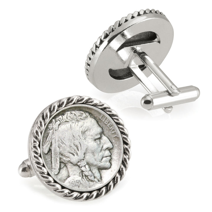 1913 First-Year-of-Issue Buffalo Nickel Silvertone Rope Bezel Coin Cuff Links Image 2